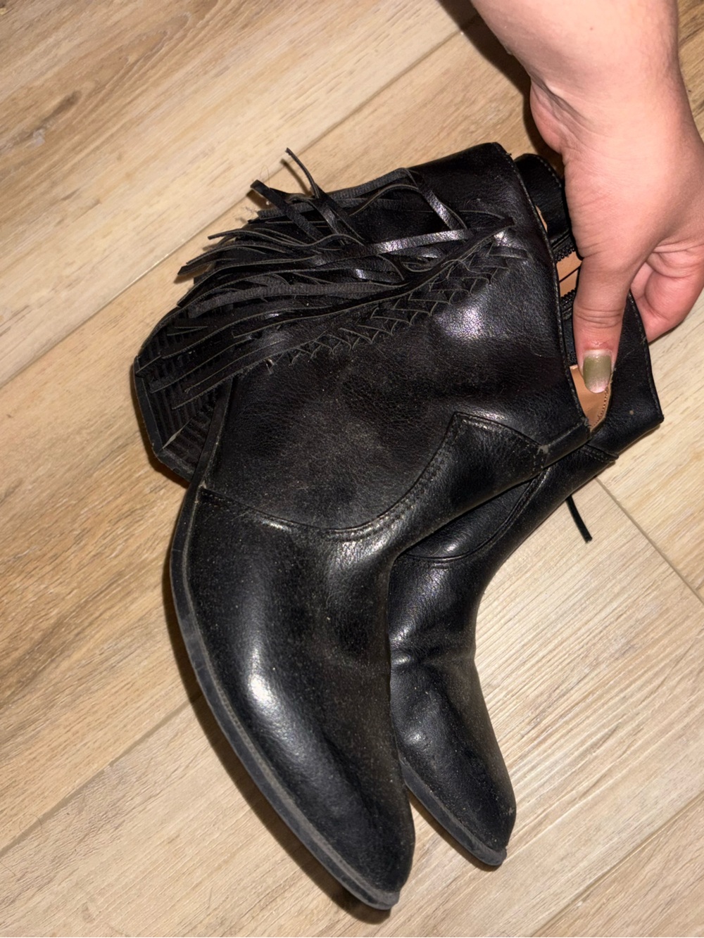Indigo Black Leather Fringe Ankle Boots